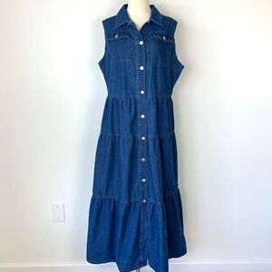 Denim Tiered Button Front Collared Sleeveless Maxi Dress Size 2XL